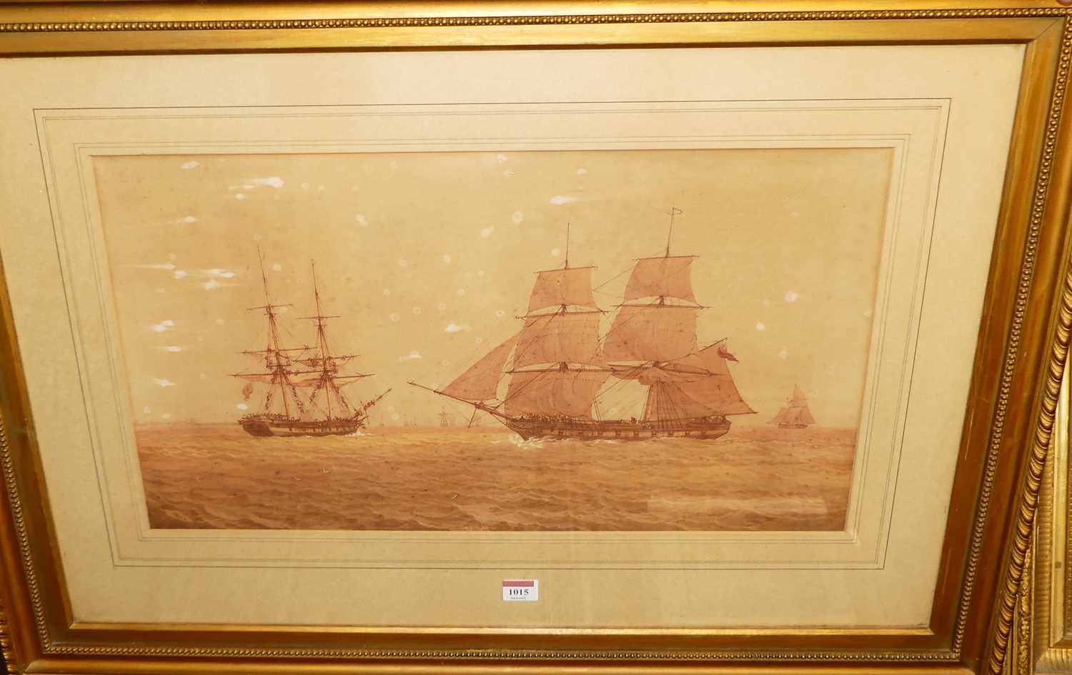 William Joy (1803-1867) - Naval ships on the calm, sepia watercolour with traces of body colour,