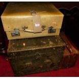An early 20th century painted metal hinge topped military travel trunk; together with a vellum