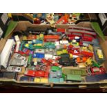 Two boxes of various playworn mainly Matchbox and Dinky loose diecast model vehicles