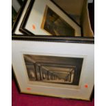 A box of assorted prints, to include fashion mezzotints, topographical and interior engravings etc