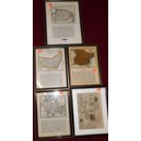 Five framed and engraved bookplates, being county maps of Essex, Norfolk, Suffolk, Worcestershire,