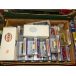 A box of various boxed Matchbox Dinky vintage diecast toy cars