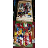 Three small trays of various loose playworn diecast vehicles, to include Matchbox, Corgi and Husky