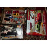 A box of various Scalextric cars, some boxed; together with a boxed Scalextric 200 set; and a