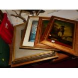 Pictures and prints, to include still life example and After Bunbury reverse prints on glass of