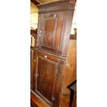 A 19th century rustic oak hanging single door corner cupboard, together with a further stained