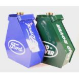 A pair of modern advertising fuel cans for Ford and Land Rover, with brass caps and twin handles,