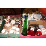 Three boxes of miscellaneous items to include two Staffordshire cats, a part tea service by Eton,