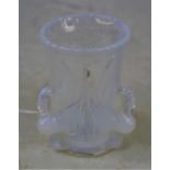 A Victorian vaseline glass beaker, having three handles each in the form of a swan, having diamond