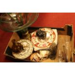 A box of miscellaneous items, to include glass bottle vase, plaster relief plaque, large glass table