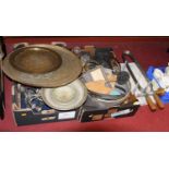 A collection of miscellaneous items, to include brass trays, ham-hock holder, candelabra etc