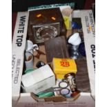 A box of miscellaneous items, to include a boxed Kodak Instamatic 28 camera, an oak cased mantel