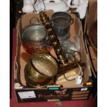 A box of miscellaneous items to include graduated copper saucepans, brass table lamp, bottle sleeve,