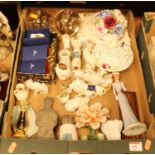 A box of miscellaneous items, to include Swarovski crystal ornaments, crested cabinet china, crib-