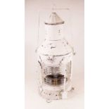 A white painted metal ships type lantern, having swing handle, later converted for electricity, h.