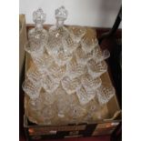 A box of cut glassware, two cut glass decanters with mushroom stoppers, various wine and sherry