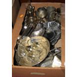 A box of miscellaneous metalware, to include silver plated hours d'oeuvre dish, Elizabeth II