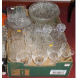 A box of miscellaneous glassware, to include decanters and stoppers, whisky tumblers etc