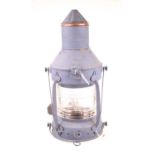 A blue painted metal ships type lantern, later converted for electricity, h.51cm