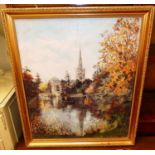 K Robson - river landscape with church spire beyond, oil on canvas signed lower right 60x50cm