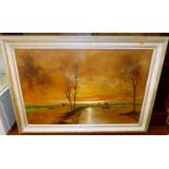 20th century School - sunset scene, oil on millboard, 50x75cm