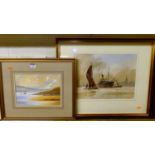 Bryan A Thatcher - Sunset over the loch, watercolour, 18 x 25; and Alan Runagall - Barges on the