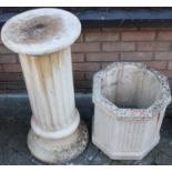 A reconstituted stone circular fluted garden pedestal column, with matching octagonal planter, max