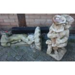 A reconstituted stone garden cherub form bird bath (lacking bowl), height 79cm, together with a