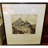 Kenneth Holmes - The Village on the Hill, Subiaco, Italy, etching, signed in pencil to the margin,