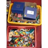 Two large boxes of mixed playworn diecast, also sold with a quantity of plastic toys, two Oxford