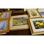 Kathleen Hindle - Dandelions, wartercolour, 30x24cm; Denis Pannett - Sailing boats off the coast,