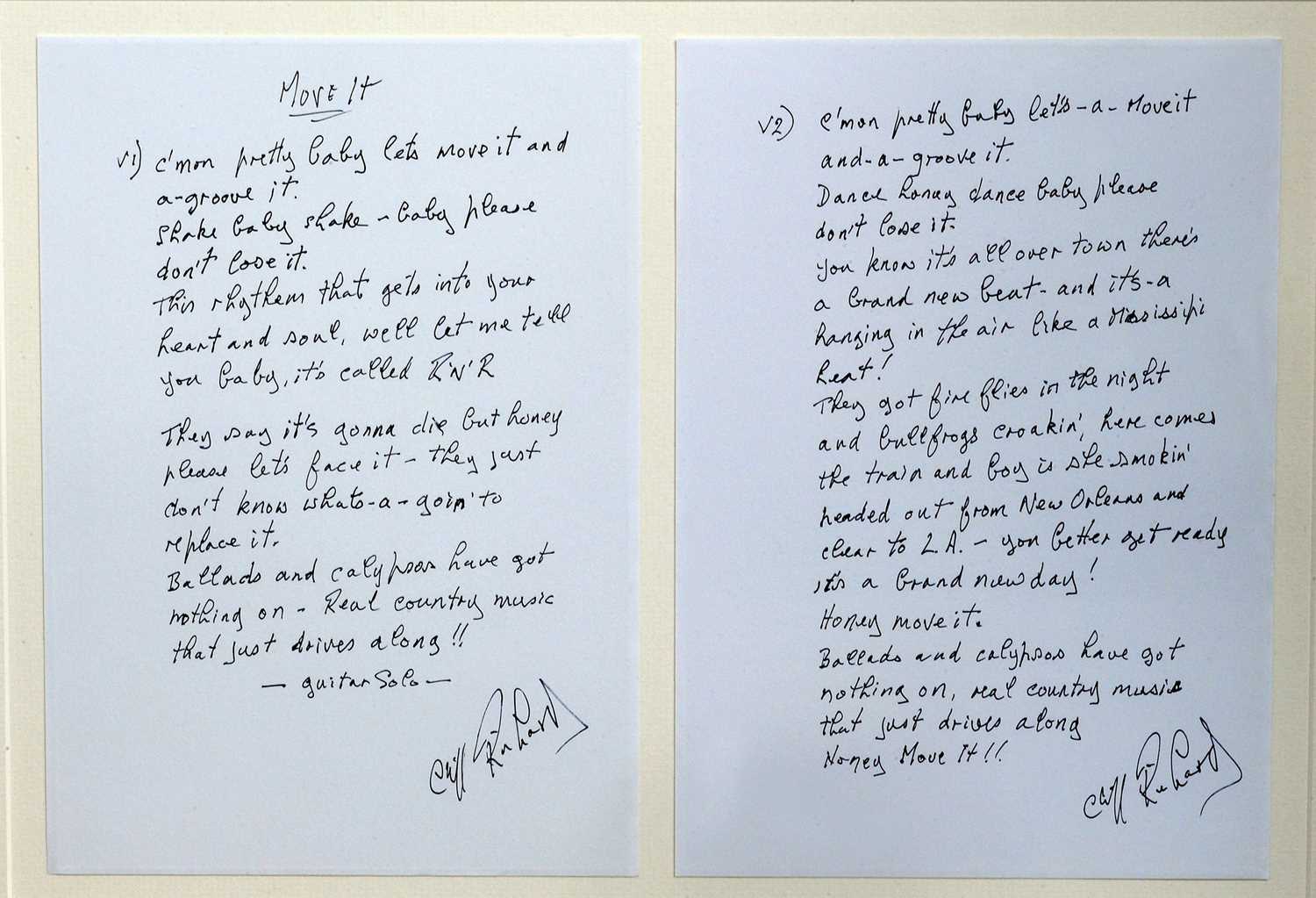 Sir Cliff Richard signed memorabilia; spanning his prolific career; from handwritten lyrics to his