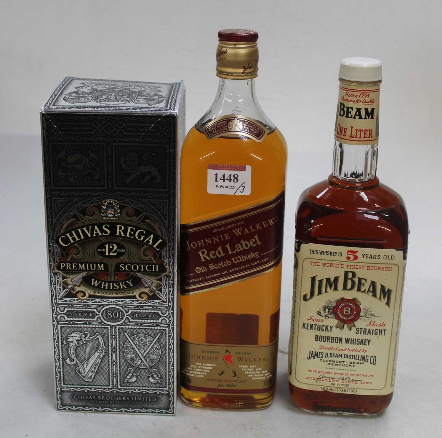 Johnnie Walker Red Label old Scotch whisky, 100cl, 43%, one bottle; Chivas Regal aged 12 years