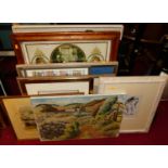 Assorted pictures and prints, to include portrait study, landscape scene in oil, Ethel Keen