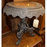 An early 20th century Ceylon low relief carved and pierced hardwood circular fixed top pedestal