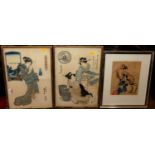 A pair Meiji period woodblock prints, each signed and with studio seals, 38x26cm, together with a