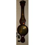 A 19th century mahogany and floral inlaid two-dial wheel barometer, the brass dial indistinctly
