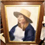 20th century school - Bust portrait of a woman with hat, oil on canvas, unsigned, 42 x 32cm