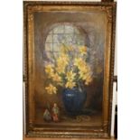 Early 20th century school - Still life with daffodils in a stoneware vase, oil on canvas,