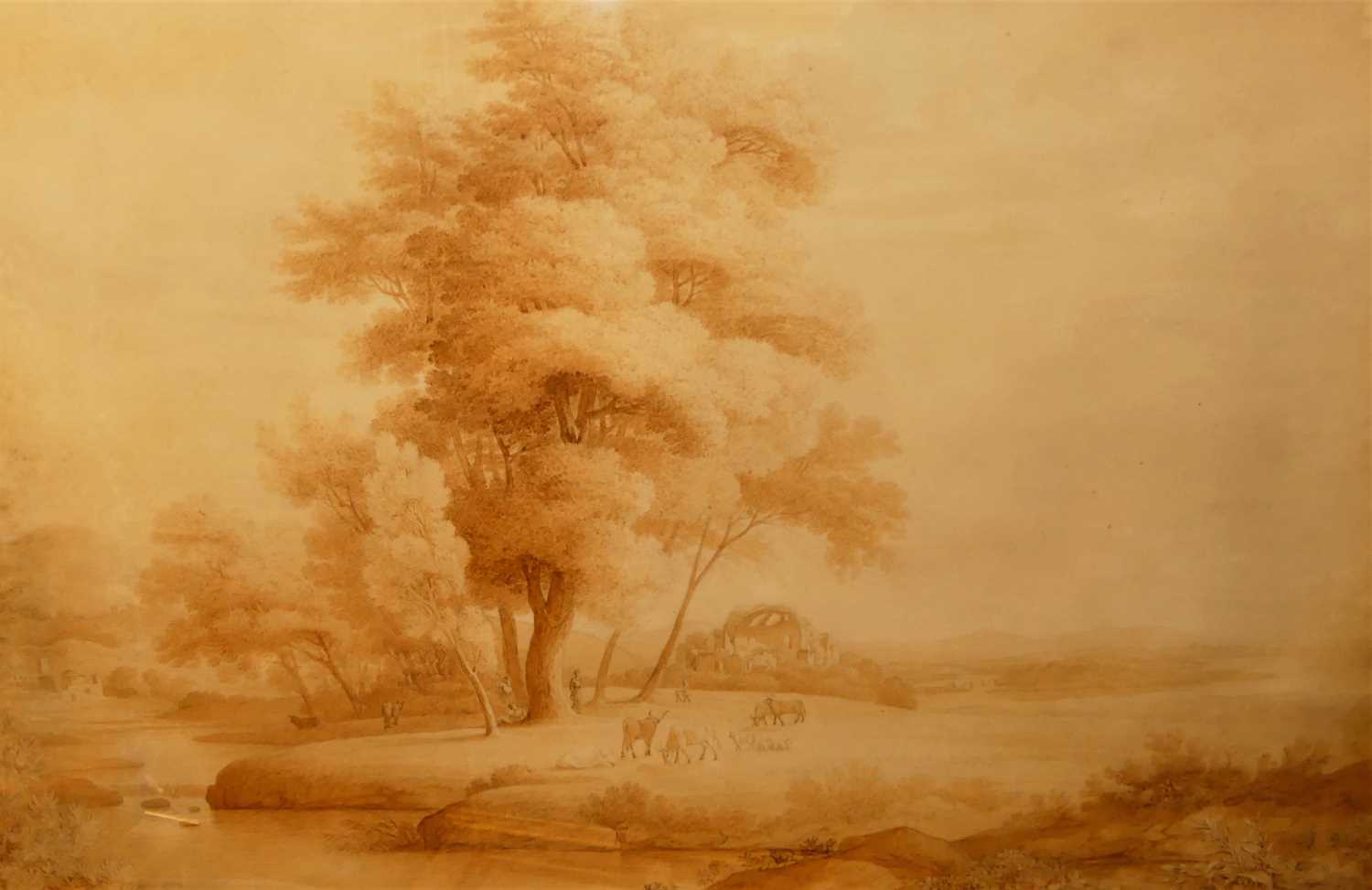 Hugh Castel(?) - Extensive continental landscape with livestock, sepia watercolour, indistinctly - Image 2 of 3