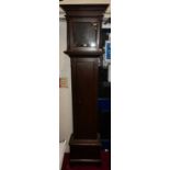 An early 19th century provincial scrumble-finish pine longcase clock case and hood only, h.205cm