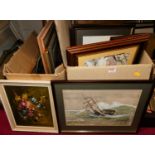 Two boxes of assorted pictures and prints, to include still life oil