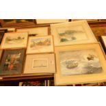 Assorted pictures and prints to include landscape watercolours, watercolour washes, etc