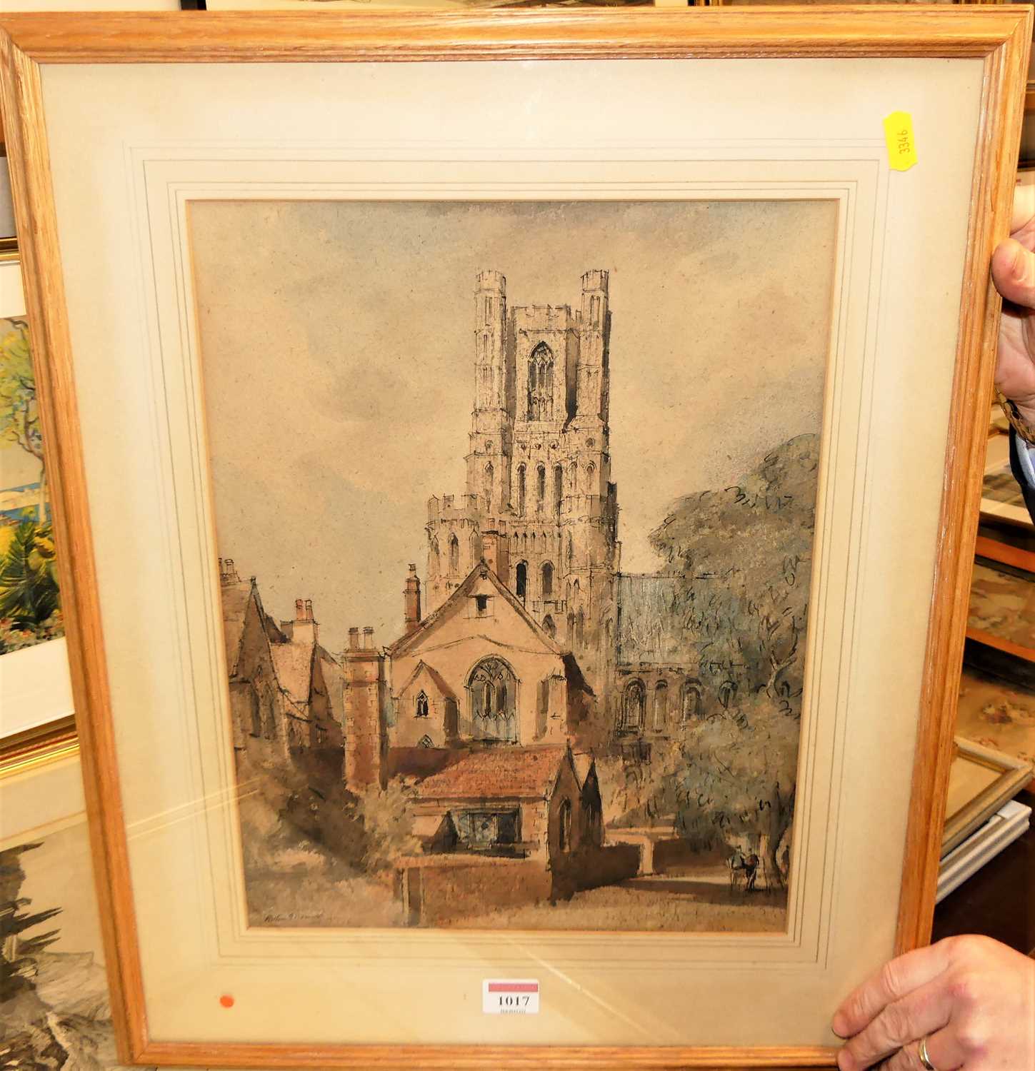 Anthony Davis - Church tower, ink and watercolour wash, signed lower left, 39 x 30cm