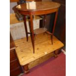 A modern pine round cornered low coffee table, length 89cm; together with an Edwardian mahogany