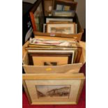 Two boxes of assorted pictures and prints, to include topographical examples