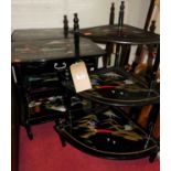 A reproduction black japanned three-tier corner whatnot; together with two occasional tables (3)