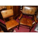 A set of six early 20th century oak and tan leather studded padback and stuffover seat dining