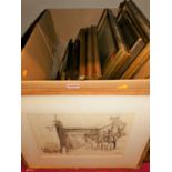 A box of assorted pictures and prints, to include a continental topographical engraving,