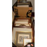 Two boxes of assorted pictures and prints, to include topographical engravings